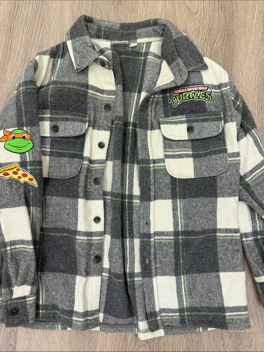Nickelodeon Grey, White & Green Plaid TMNT Button-Front Shirt Jacket EUC